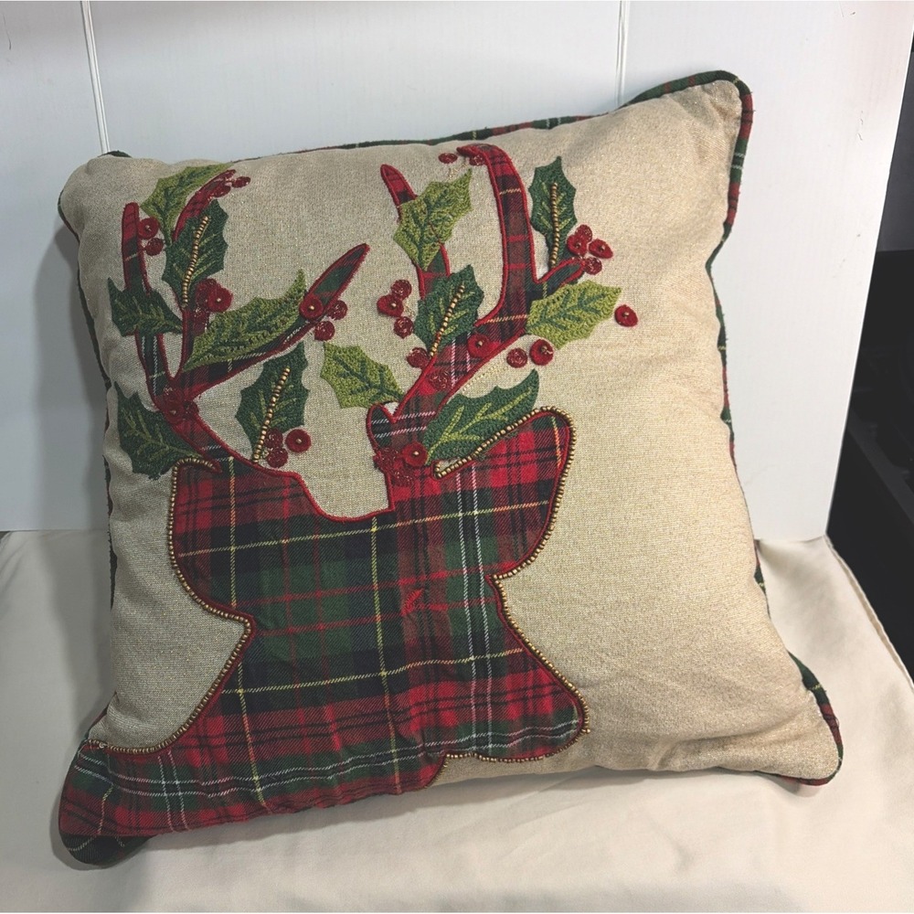 Pier One Imports Festive Christmas Yule Holiday Plaid Reindeer Pillow